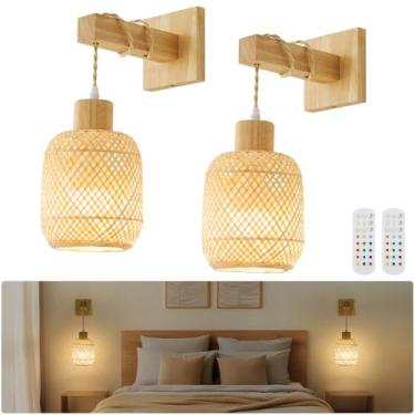 Imagem de Weaboopre Arandela de parede Boho operada por bateria com controle remoto, arandelas de parede com lanterna de bambu, conjunto de dois, 15 cores reguláveis, recarregáveis, luzes de parede sem fio para