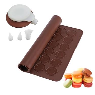 Imagem de XPAPOV Kit de silicone para assar macaron, tapete de silicone macaron com capacidade para 48 e panela de confeitar com 3 bicos, suprimentos reutilizáveis antiaderentes para assar macaron (marrom)
