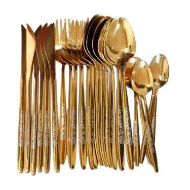 Imagem de Faqueiro de luxo Dourado Slim Talheres de aço Inoxidavel 24pç - Stainl