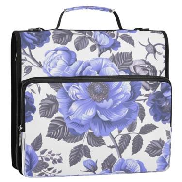 Imagem de CEBUGI Fichário de 3 anéis com zíper com alça de ombro, pasta de arquivo expansível de 3,8 cm, anéis D, para escola, escritório, buquê azul retrô