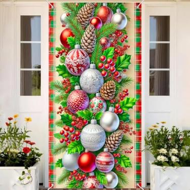 Imagem de BlissYard Capa de porta de Natal Enfeites de Natal 89,5 x 188,9 cm de pinheiros com guirlanda de fundo em tecido de poliéster festivo decoração de casa fotografia pano de fundo exibição de entrada