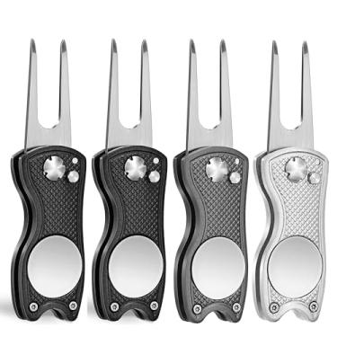Imagem de Mile High Life Pacote com 4 ferramentas de reparo de divoto de golfe com marcador magnético de bola de golfe | Todas as ferramentas de metal dobrável com botão pop-up | Acessórios de golfe para homens