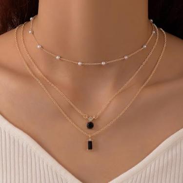 Imagem de Conjunto feminino de colar de pedra preciosa preta de pérola sintética de camada tripla - Gargantilha dourada - Presente moderno simples e distinto