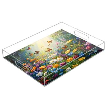 Imagem de STAYTOP Bandeja de acrílico para servir flores silvestres e borboletas, 15,7 x 11,20 cm, bandejas decorativas à prova de derramamento, organizador de bancada para café da manhã, chá, comida, maquiagem