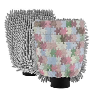 Imagem de STAYTOP Luvas de lavagem de carro com impressão de quebra-cabeça colorido, 2 peças, luvas de microfibra de chenille, sem arranhões, panos de esponja de lavagem ultra absorventes para carros, limpeza