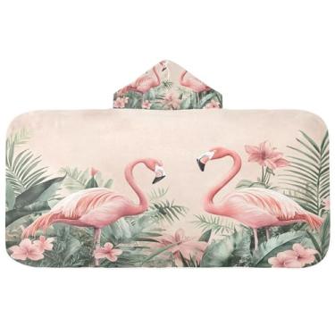Imagem de Burbuja Flamingos in Jungle Toalha de banho com capuz para crianças, toalha de praia de pelúcia macia absorvente para meninas e meninos 3-10 anos, 61 x 127 cm