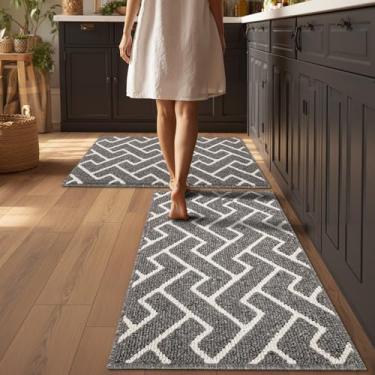 Imagem de Conjuntos de 2 tapetes de cozinha antiderrapantes para piso grosso resistente a manchas marroquino tapete de cozinha tapete de corredor para corredores entrada lavanderia lavável (cinza 61 x 89 cm +