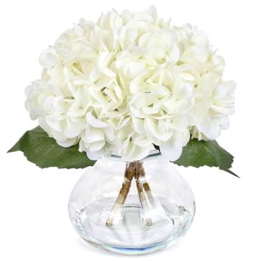 Imagem de Lovmeety Flores artificiais de hortênsia branca em vaso, flores de hortênsia de toque real com arranjos florais de água falsa em vaso de vidro para casa, banheiro, escritório, mesa, centro de mesa