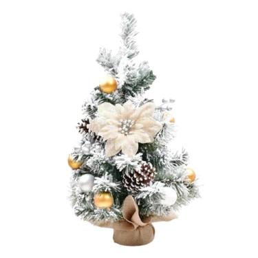 Imagem de Mini árvore de Natal flocada de 15,7 polegadas com base de madeira, árvore de Natal artificial para decoração de interiores, faça você mesmo, planta artificial (estilo 1)