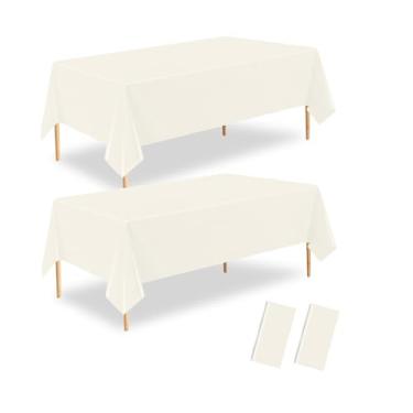 Imagem de ZHIAXTON Toalha de mesa de plástico marfim pacote com 2, 137 x 278 cm, capas de mesa retangulares de marfim para aniversário, acampamento, decoração de festa de casamento
