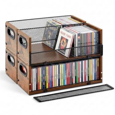Imagem de Geelin 4 unidades de suporte de caixa de armazenamento de CD de madeira, suporte de exibição de fita cassete retrô com alças de transporte, prateleira organizadora para capas de filmes, DVDs