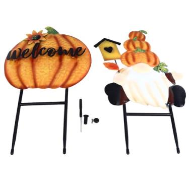 Imagem de Siwoted gnome abóbora estaca à prova de ferrugem decorativo ferro forjado sinal ao ar livre para gramado quintal pátio jardim