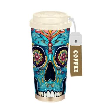 Imagem de Caneca de viagem de café 40 ml com canudo e tampa, revestimento cerâmico, isolamento a vácuo, paredes duplas, arte floral, flores de caveira azul