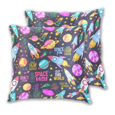 Imagem de Joitme Conjunto de 2 capas de almofadas coloridas de desenho animado Rockets Planet com 2 capas de almofadas grandes para sofá para sala de estar, 50 x 50 cm, 2 peças