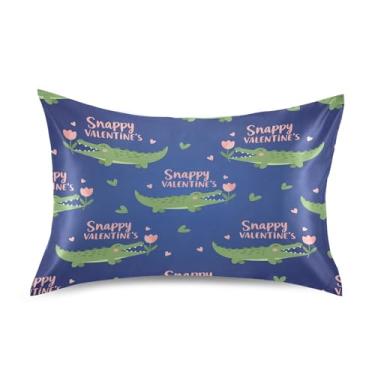 Imagem de Blueangle Fronha de cetim refrescante para cabelo e pele, capa de almofada de crocodilo verde dos namorados, tamanho padrão 51 x 66 cm com fecho de envelope (602)