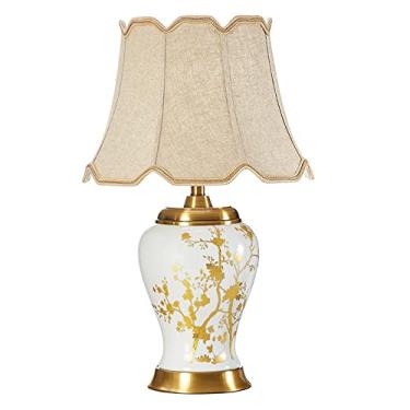 Imagem de Abajur de mesa para quarto, luminária de cabeceira em cerâmica esmaltada com pintura dourada à mão, design moderno para iluminação de quarto e sala de estar.