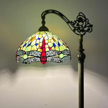 Imagem de Luminária de chão estilo Tiffany com libélula em vitral, 30x45x160 cm, haste flexível ajustável, para leitura em cantos, ideal para quarto e sala de estar, vermelha.