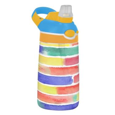 Imagem de Garrafa de água de 473 ml com canudo para crianças, meninas, meninos, 473 ml, garrafa de água esportiva reutilizável à prova de vazamento, copo infantil portátil, alça de transporte, listras coloridas