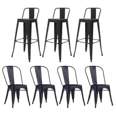 Imagem de Kit 4 Cadeiras e 3 Banquetas Iron Tolix com Encosto, Aço Carbono, Estilo Industrial, Preto, Cadeiras Empilháveis 44cm e Banquetas 76cm