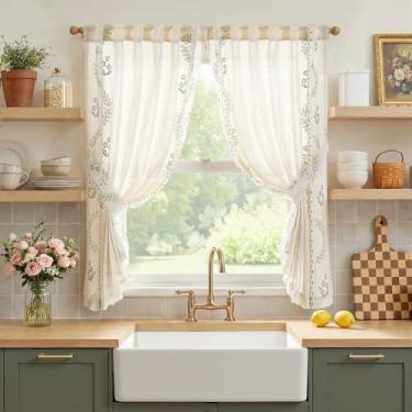 Imagem de jinchan Belrose Cortinas Florais de Linho Café 137 cm de Comprimento Bordado Cortinas de Casa de Fazenda para Cozinha, Quarto, Banheiro, Conjunto de Cortinas de Janelas Pequenas, Filtragem de Luz, 2