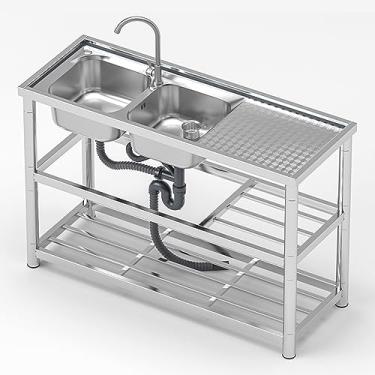 Imagem de Pia utilitária de aço inoxidável com 2 compartimentos, pia externa independente, pia de cozinha comercial de tigela dupla com bancada de trabalho, pia de aço inoxidável para preparação e utilidade