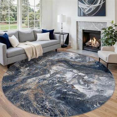 Imagem de Tapete redondo de 2,4 m para sala de estar: tapetes redondos grandes para sala de jantar entrada quarto - tapete circular antiderrapante macio - mármore abstrato moderno azul e dourado
