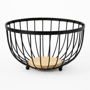 Imagem de Fruteira Aramada Redonda em Ferro com Base em MDF 25cm Preta Organizadora de Frutas para Cozinha e Bancada