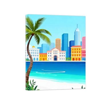 Imagem de Pôster paisagem - Edifícios árvores marinhas praia - Impressões em Tela - Imagem Moderna Natureza para Sala de Estar Decoração 80x105cm Tela Embrulhada