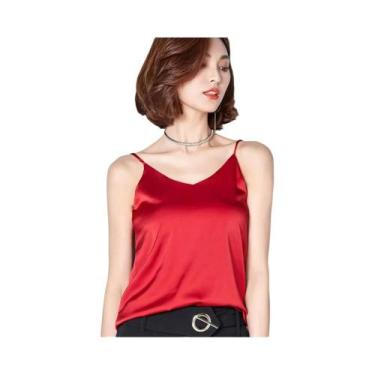 Imagem de Camisetas De Verão Femininas Em Seda Satin Sem Mangas Com Alças Finas 