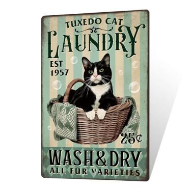 Imagem de Putuo Decor Sinais de metal para lavanderia de gato smoking engraçado lavar secar todas as variedades de pele placas de lata vintage presentes engraçados de gato preto para banheiro, sala de estar