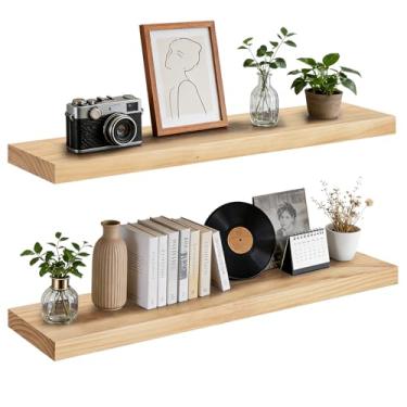 Imagem de ABSWHLM Prateleira de parede flutuante 91 x 17 x 4 cm – Prateleira de madeira maciça com acabamento de madeira natural – Prateleira de exibição rústica resistente montada na parede para sala de estar
