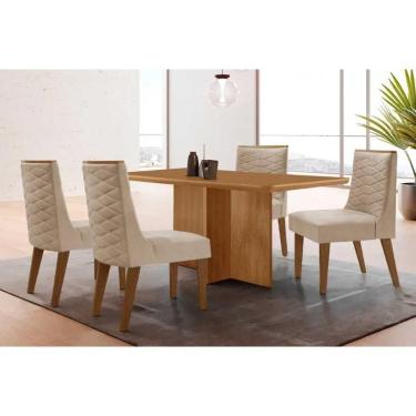 Imagem de Sala Jantar Mesa Berlim Tampo Curvo 120cm+4 Cadeiras Dafne Madeira Naturale - Capuccino/Suede Creme - Rufato