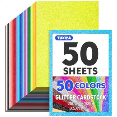 Imagem de 50 folhas de papelão com glitter de 21,6 cm x 28 cm, 50 cores sortidas 250 g/m2/41,7 kg, papel brilhante com glitter sem derramamento para artes e artesanato, decoração, confecção de cartões