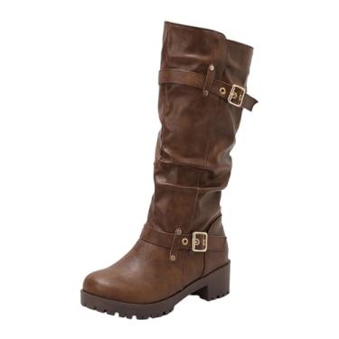 Imagem de Botas altas femininas com fivela de cinto salto grosso outono inverno moda casual versátil confortável, Café, 38