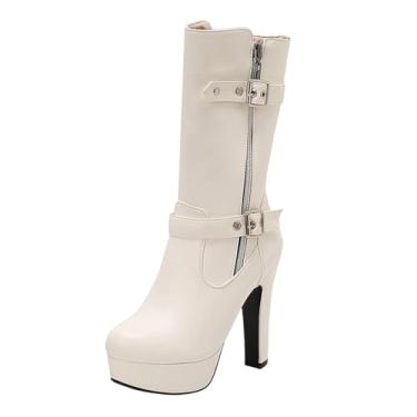 Imagem de Botas femininas plataforma de cano médio com fivela de cinto de salto alto, Branco, 35
