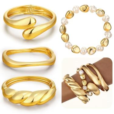 Imagem de Hinly Conjunto de pulseiras femininas de ouro grosso banhado a ouro 14 k para uso diário e presente de joias