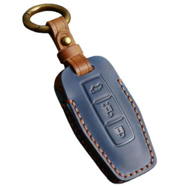 Imagem de Capa de couro artesanal para chave de carro, capa com chaveiro compatível com mitsubishi outlander 2023, acessórios de suporte para chave remota inteligente(3 Btn Blue(Trunk))