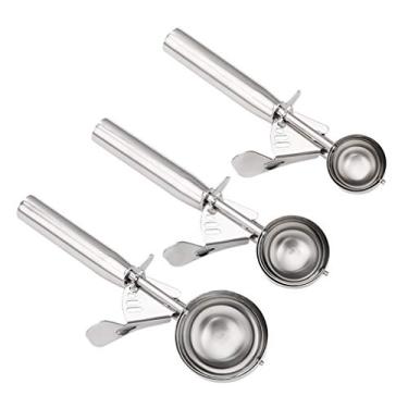 Imagem de Colher de aço inoxidável 3 pçs colher de sorvete colher de biscoito de aço inoxidável colher de três tamanhos com alavanca de gatilho para assar bolinho de almôndega cupcake conjunto de colher de bisc