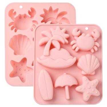 Imagem de Ipotkitt 2 moldes de doces de silicone com tema de praia tropical rosa à beira-mar Havaí, estrela-do-mar, moldes de goma para gelatina, fondant, chocolate, doces, bolo, gelo, faça você mesmo