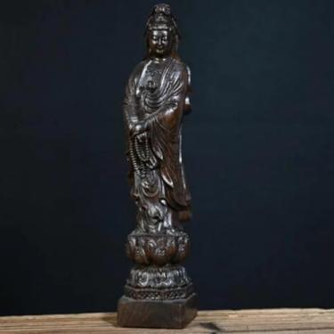 Imagem de FENNYYAR Estatueta de escultura em madeira Avalokitesvara estátua de Buda budista, 15 cm, artesanato de adoração de templo, ornamentos de decoração de sala de estar