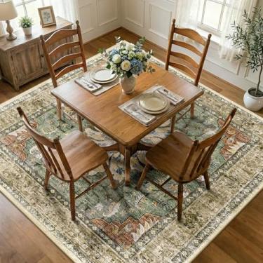 Imagem de RELEANY Tapetes quadrados de 2,1 m, lavável, antiderrapante, floral, vintage, estampa de angústia, tapete medalhão para sala de estar, quarto, sala de jantar, vermelho tijolo, ferrugem, neutro, marrom