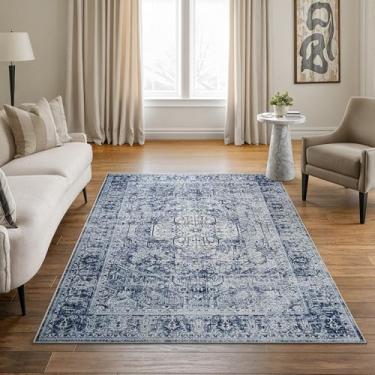 Imagem de Bloom Rugs Tapete lavável antiderrapante 1,2 m x 1,8 m - Marfim/denim azul medalhão tradicional tapete de área para sala de estar, quarto, sala de jantar e cozinha - Tamanho exato: 1,2 m x 1,8 m