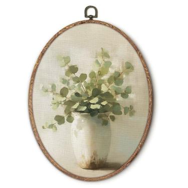 Imagem de Hxlac Arte de parede oval de folhas de eucalipto vintage, decoração de parede oval botânica neutra, impressão em tela rústica para casa de fazenda, decoração de parede, para decoração de casa, sala de