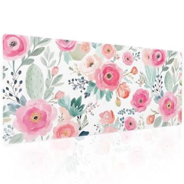 Imagem de Tapete de mouse para jogos floral rosa verde GG primavera páscoa flor colorida grande tapete de mesa bonito mousepad base de borracha antiderrapante borda costurada teclado pad para mulheres e meninas