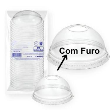 Imagem de 50 tampa bolha p/ copo 300ml 330ml transparente 79mm sc:com furo - Cop