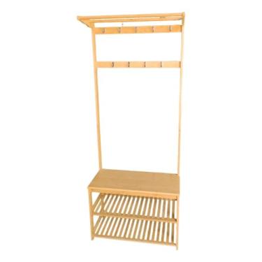 Imagem de O suporte para sapatos de dois níveis inclui um banco, um cabideiro e ganchos de bambu.