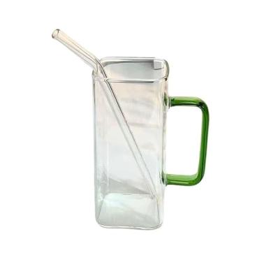 Imagem de Copos quadrados para beber com alça colorida, copos de suco de chá gelado de vidro borossilicato transparente de 450 ml com canudo (verde)