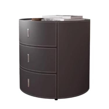 Imagem de Mesa de cabeceira cilíndrica moderna pequena mesa de cabeceira de madeira de couro 3 gavetas invisível para armazenamento de puxar móveis de cabeceira cinza escuro prático (grande)