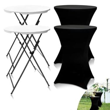 Imagem de THESEATOP 2 conjuntos de capas de mesa pretas de 81 cm + 2 mesas dobráveis para bar de coquetel, capas de mesa elásticas de elastano, pernas removíveis, mesas de altura de barra redonda para uso