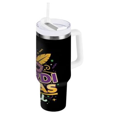 Imagem de Blueangle Copo isolado para Mardi Gras de 1,134 g com alça e tampa de palha, caneca de viagem reutilizável de aço inoxidável (485)
